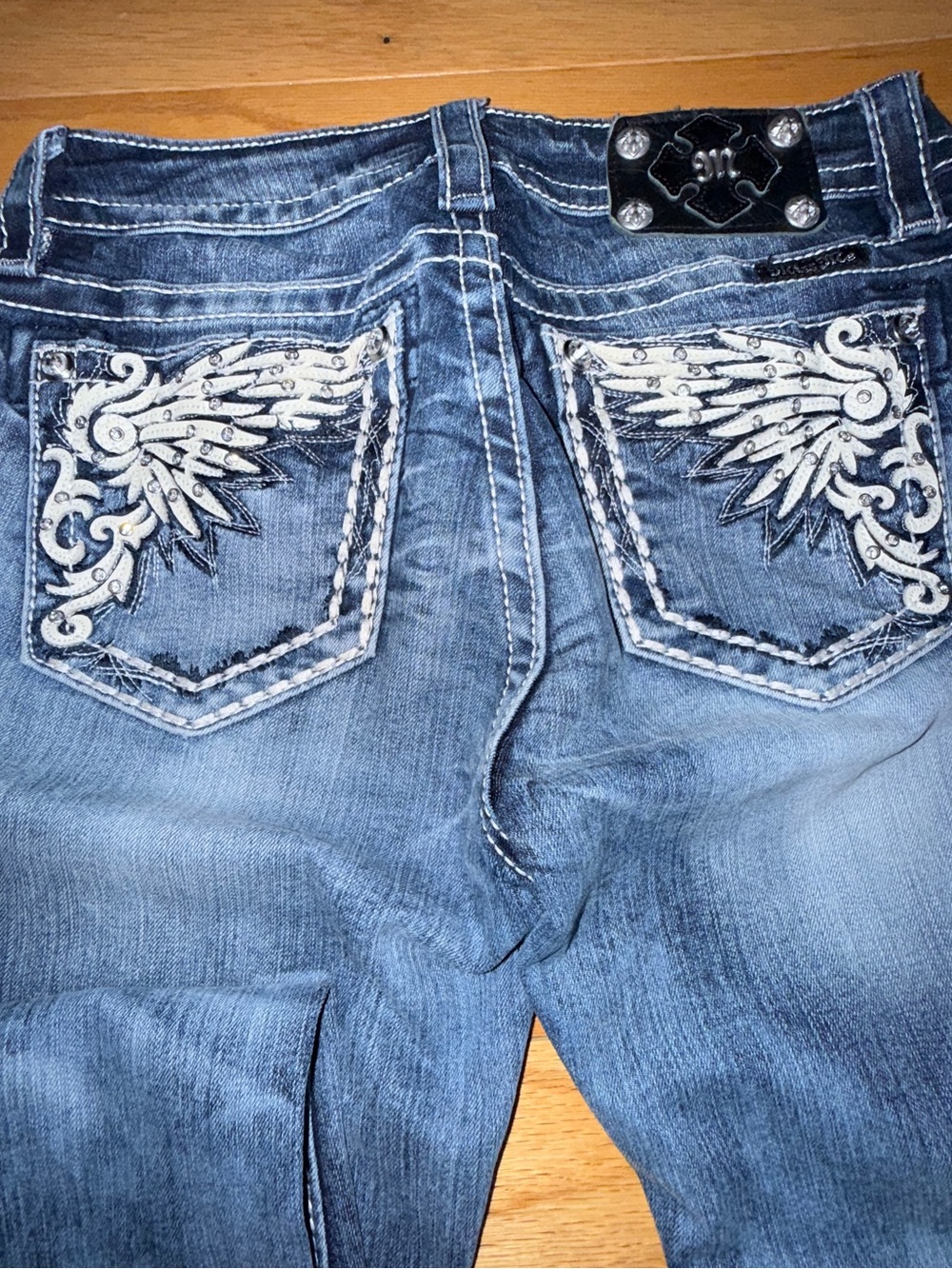 Miss Me Light Blue Skinny Jeans with White Wing Embroidery